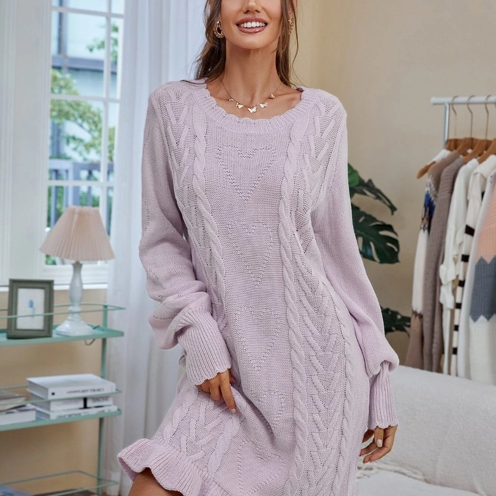Lantern Sleeve Ruffle Hem Cable Knit Sweater Dress Without Belt